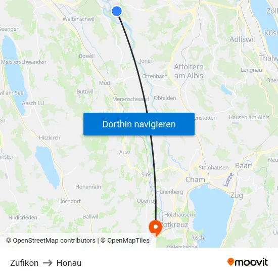 Zufikon to Honau map