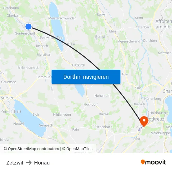 Zetzwil to Honau map