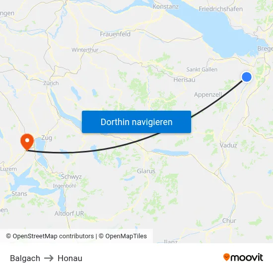 Balgach to Honau map