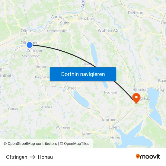 Oftringen to Honau map