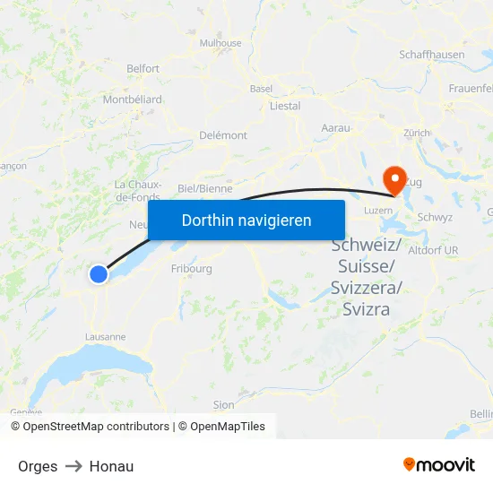 Orges to Honau map
