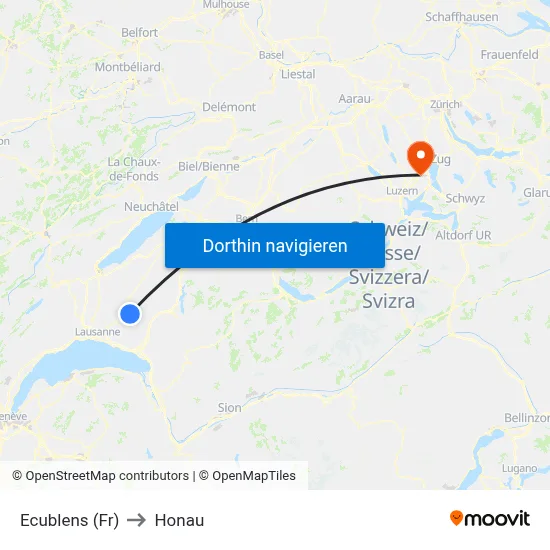 Ecublens (Fr) to Honau map