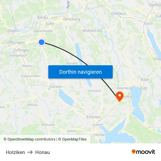 Holziken to Honau map