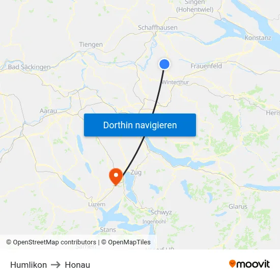 Humlikon to Honau map
