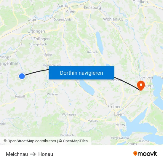 Melchnau to Honau map