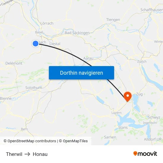 Therwil to Honau map