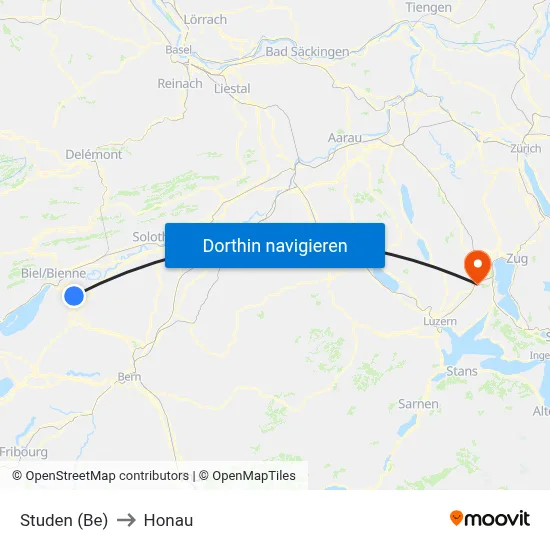 Studen (Be) to Honau map