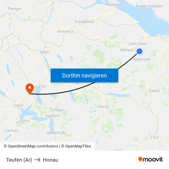Teufen (Ar) to Honau map