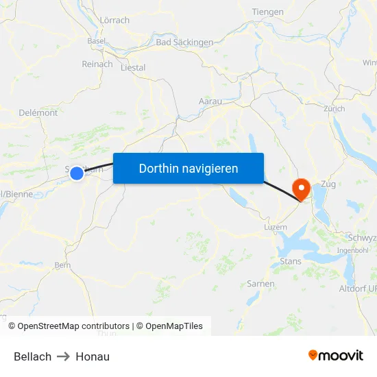 Bellach to Honau map