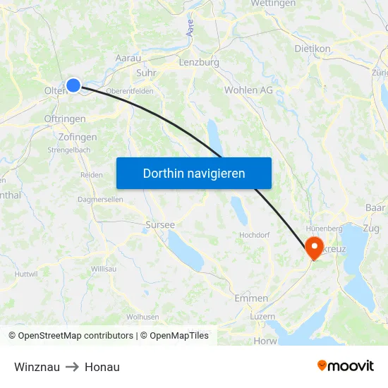 Winznau to Honau map
