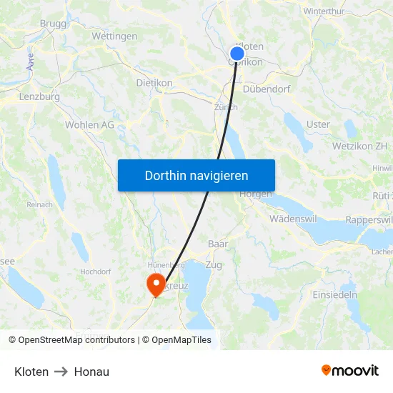 Kloten to Honau map