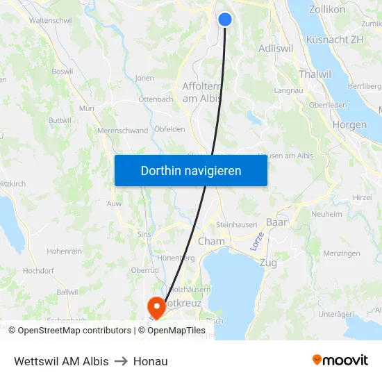 Wettswil AM Albis to Honau map