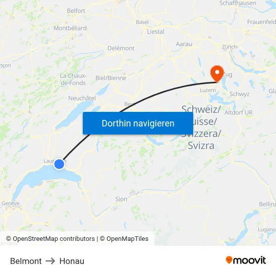 Belmont to Honau map
