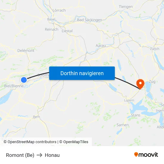 Romont (Be) to Honau map