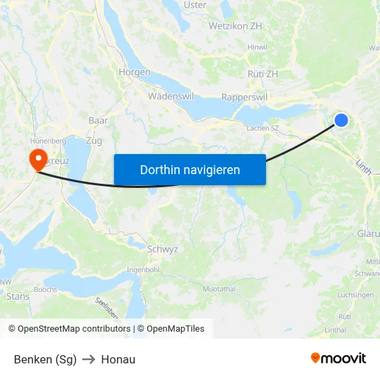 Benken (Sg) to Honau map