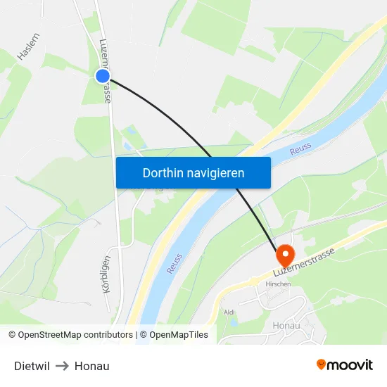 Dietwil to Honau map