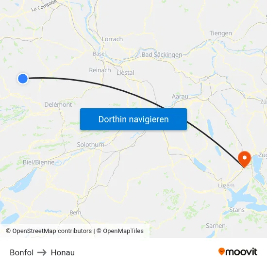Bonfol to Honau map
