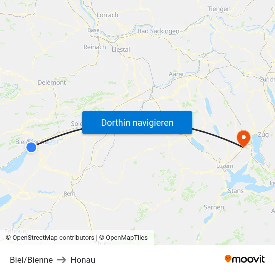 Biel/Bienne to Honau map