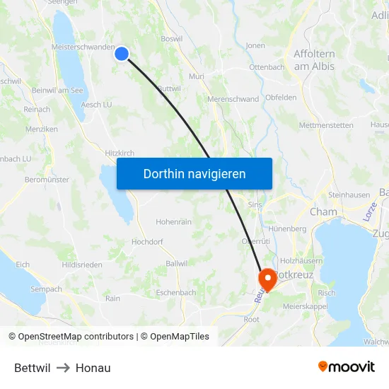 Bettwil to Honau map