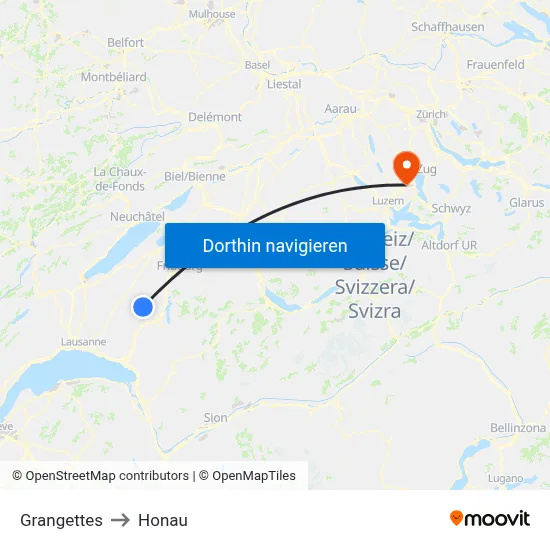 Grangettes to Honau map