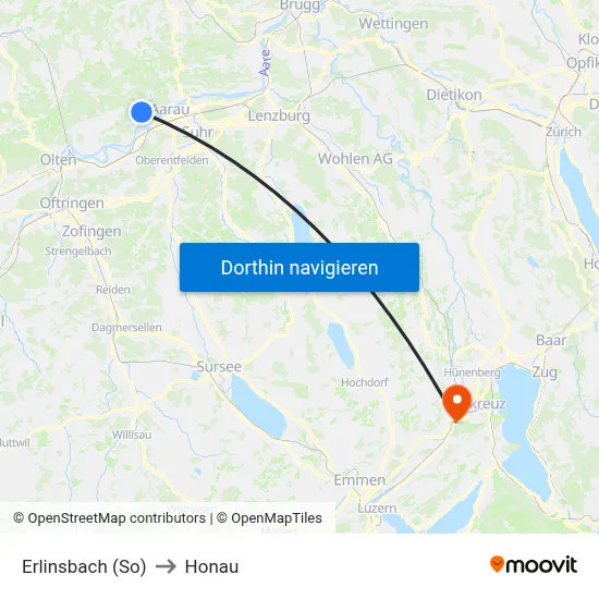 Erlinsbach (So) to Honau map