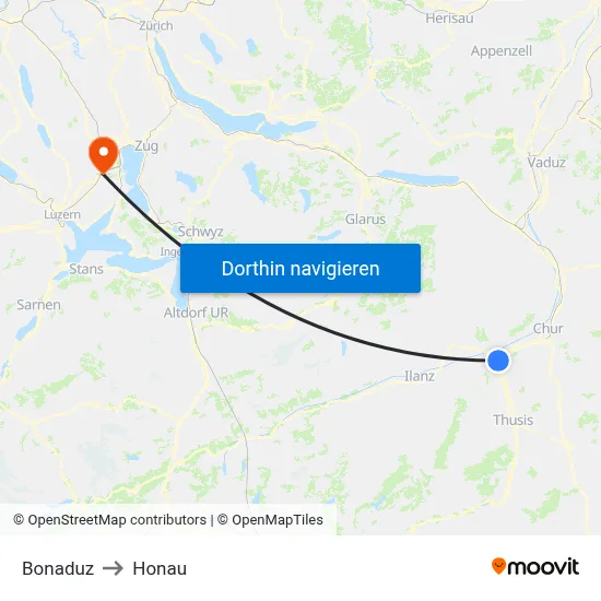 Bonaduz to Honau map
