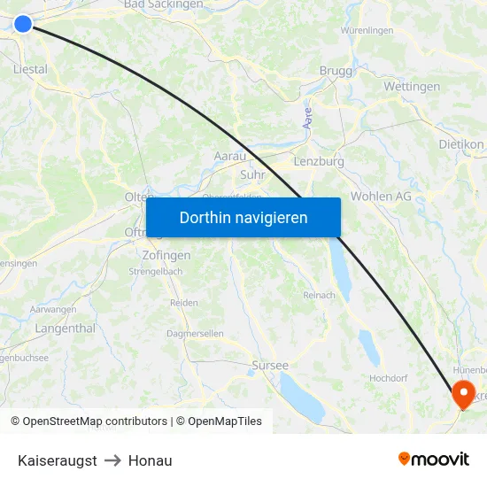 Kaiseraugst to Honau map