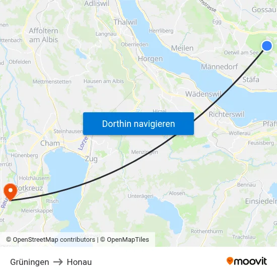 Grüningen to Honau map
