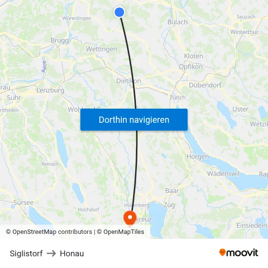 Siglistorf to Honau map