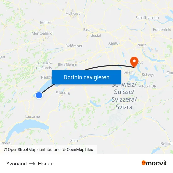 Yvonand to Honau map