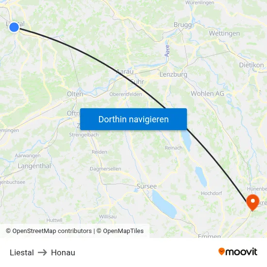 Liestal to Honau map