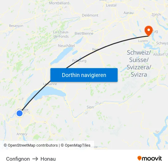 Confignon to Honau map