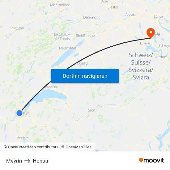 Meyrin to Honau map