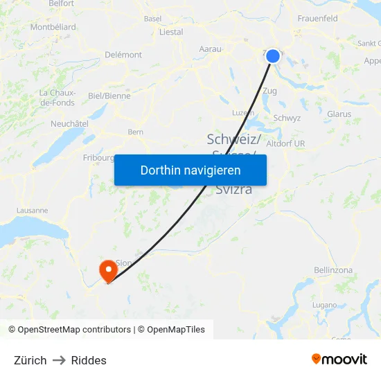 Zürich to Riddes map