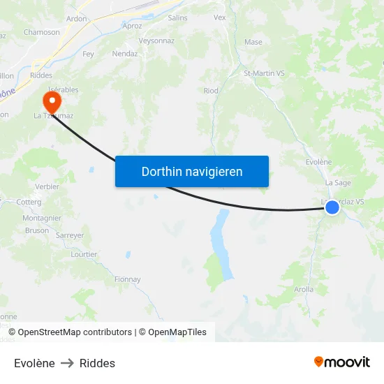 Evolène to Riddes map