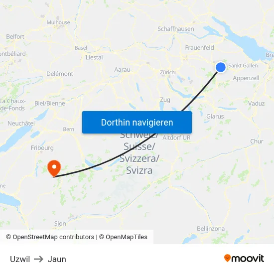 Uzwil to Jaun map