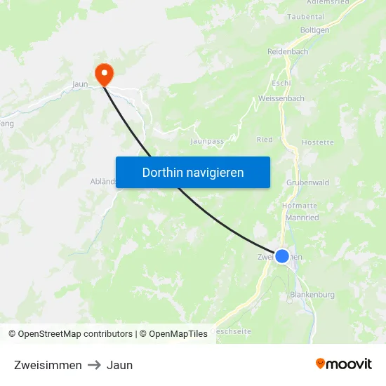 Zweisimmen to Jaun map