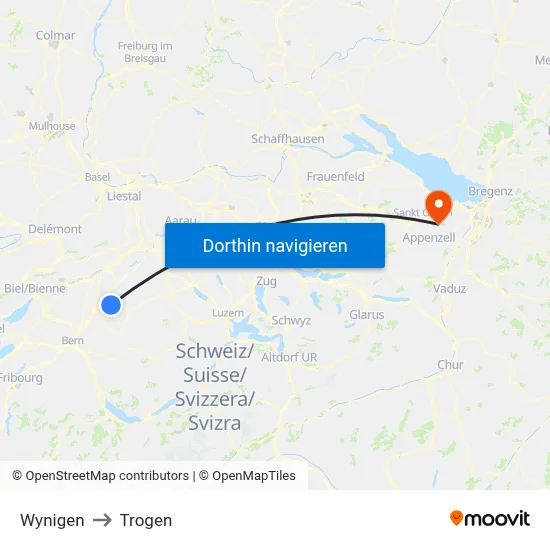 Wynigen to Trogen map
