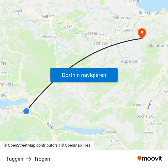 Tuggen to Trogen map