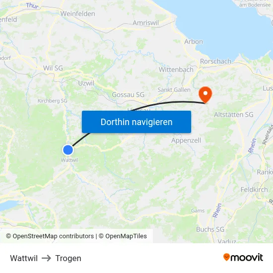 Wattwil to Trogen map