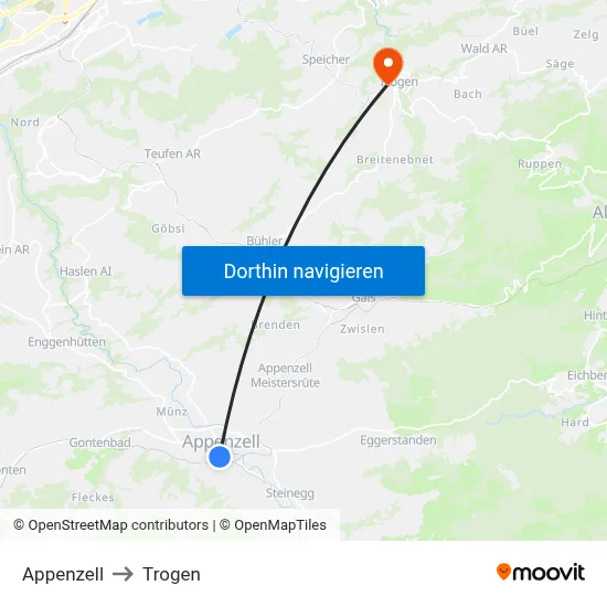 Appenzell to Trogen map