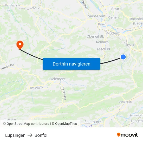 Lupsingen to Bonfol map