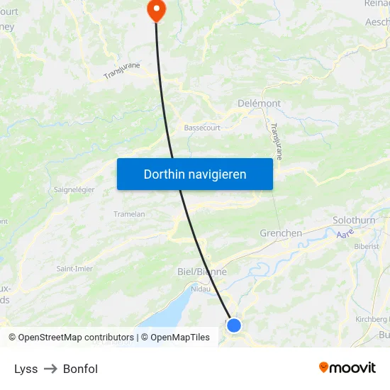 Lyss to Bonfol map