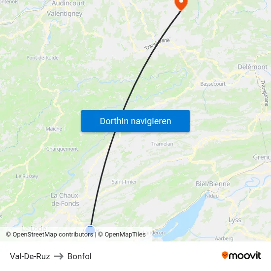 Val-De-Ruz to Bonfol map