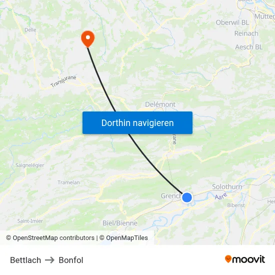 Bettlach to Bonfol map