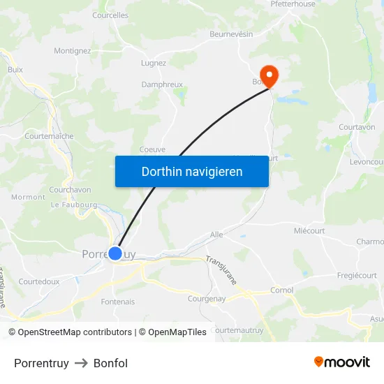 Porrentruy to Bonfol map