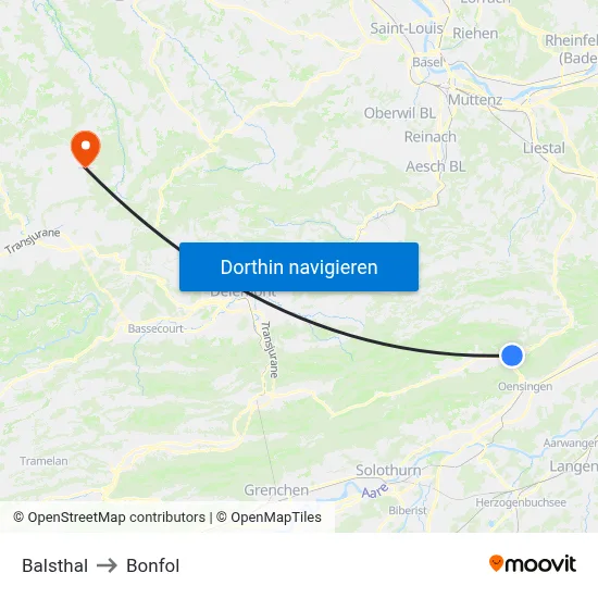 Balsthal to Bonfol map