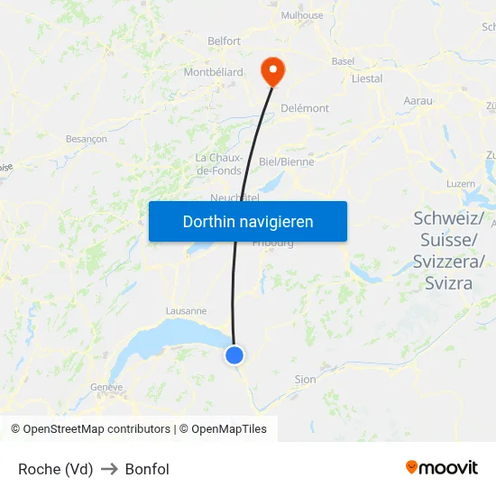 Roche (Vd) to Bonfol map