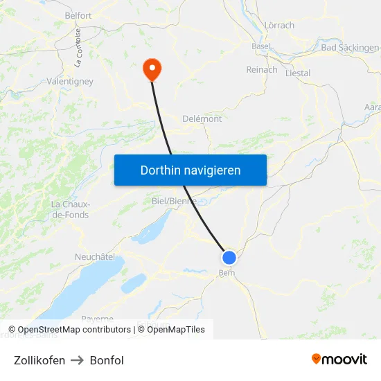 Zollikofen to Bonfol map