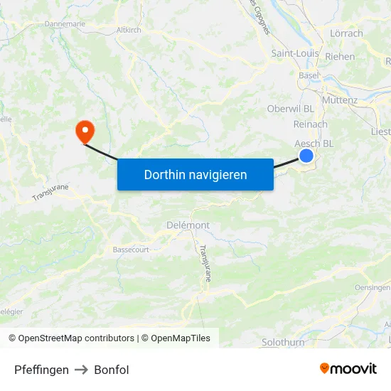 Pfeffingen to Bonfol map